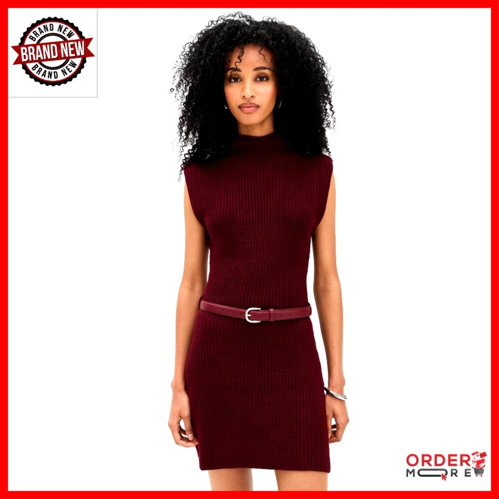 Mini Sweater Dress With Leather Belt, Stretch Knit Fabric